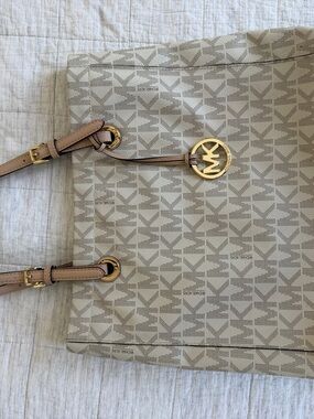 Michael Kors Neutral Beige Monogram Tote with Gold MK Logo Charm